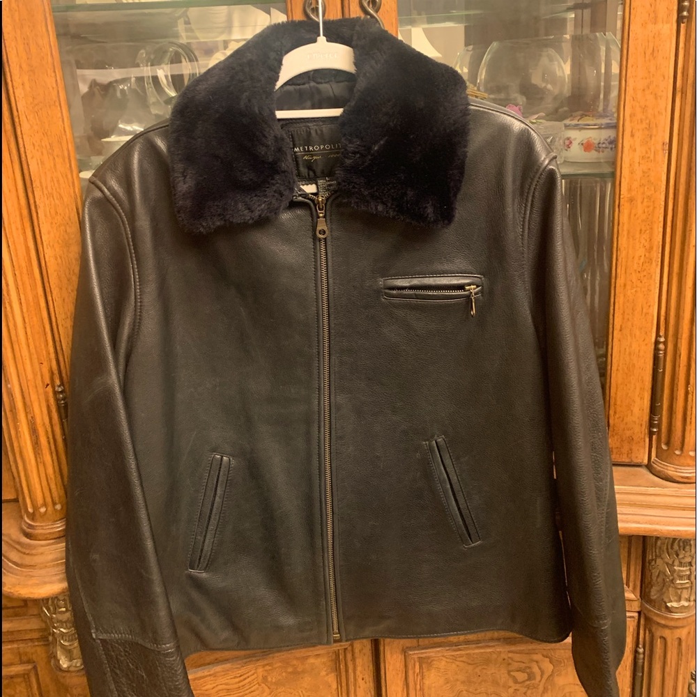 Black distressed leather bomber jacket with faux fur never worn